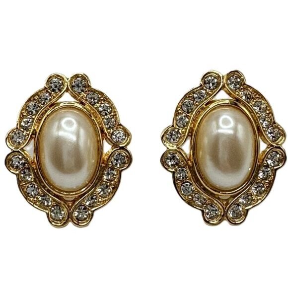 Vintage Gold Framed Pearl and Rhinestone Costume Earrings Large Statement Glam - Picture 4 of 6